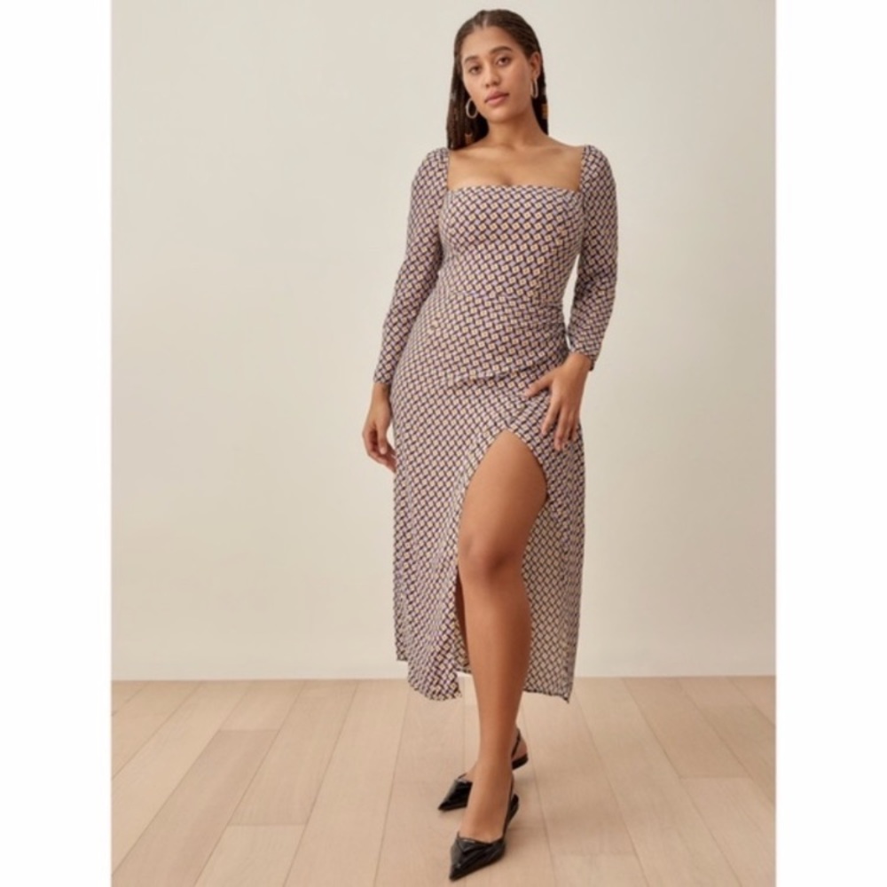 Reformation Hilda Midi Long Sleeve Dress Plaza Print Size 8 NWT
